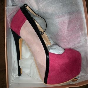 Dual shade pink suede heels with black accents